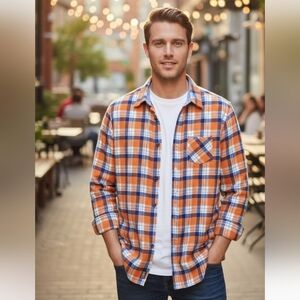 Bogari Men’s Orange And Blue Flannel Button-Down Shirt Size M